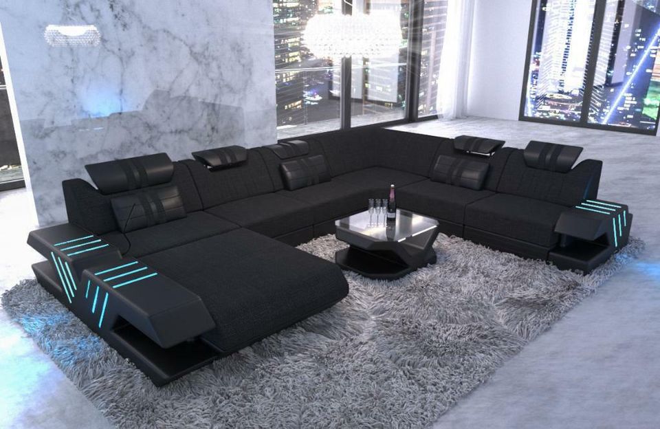 Stoff Sofa Wohnlandschaft Venedig XXL Couch mit Ottomane LED in Berlin