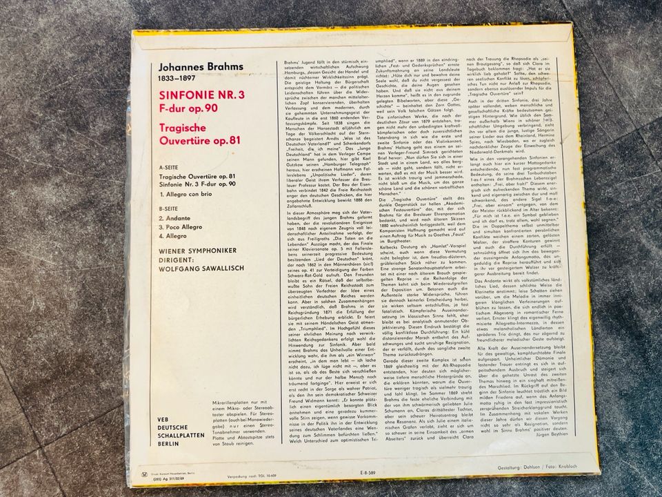Johannes Brahms Sinfonie Nr.3 Tragische Ouvertüre Schallplatte/LP in Dresden