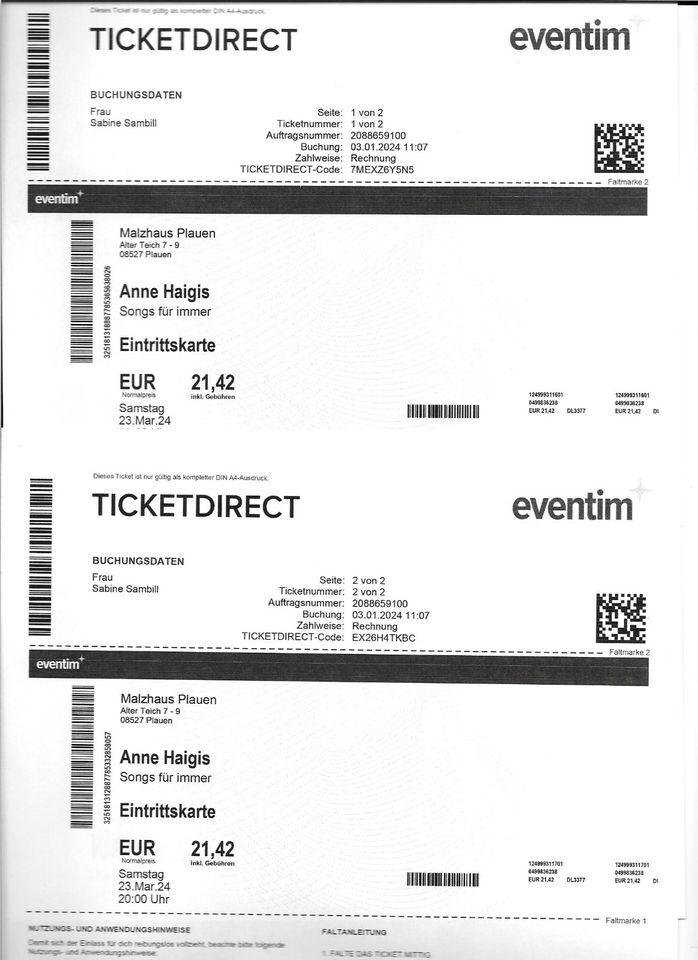 2 Konzertkarten Anne Haigis, im Malzhaus in Plauen am 23.03.2024 in Dippoldiswalde