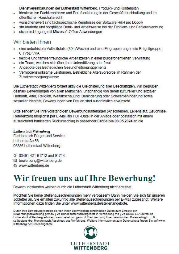 Sachbearbeiter Geschäftsbuchhaltung (m/w/d) in Lutherstadt Wittenberg
