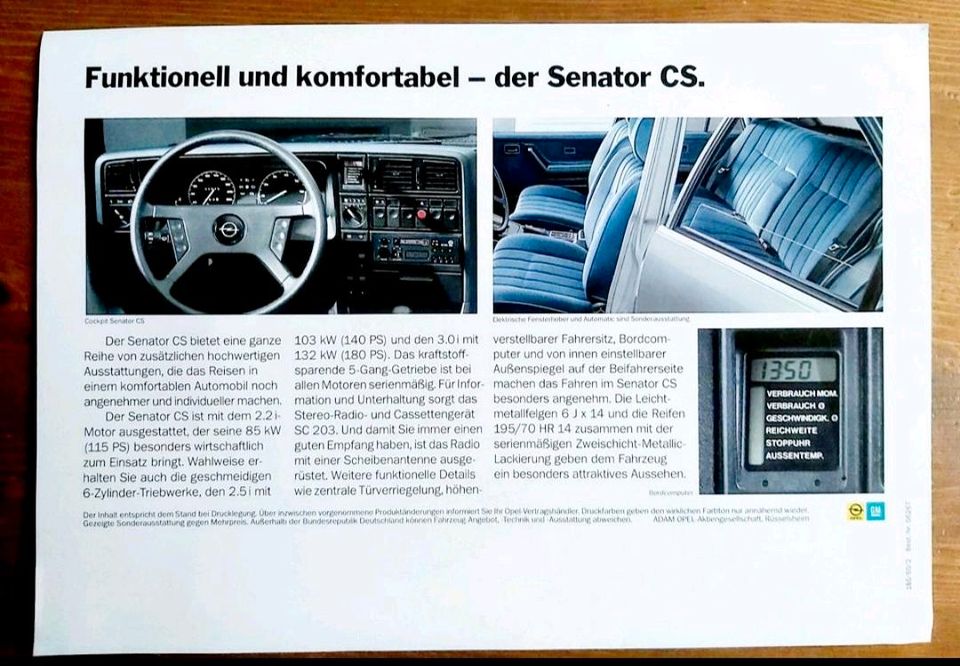 Prospekt Opel Senator A Sondermodell CS 1986 in Hannover