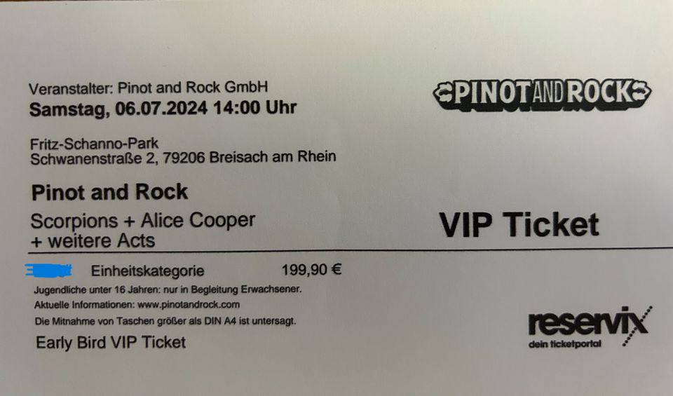2 x VIP Ticket für Scorpions + Alice Cooper am 6 Juli in Breisach in Kandern