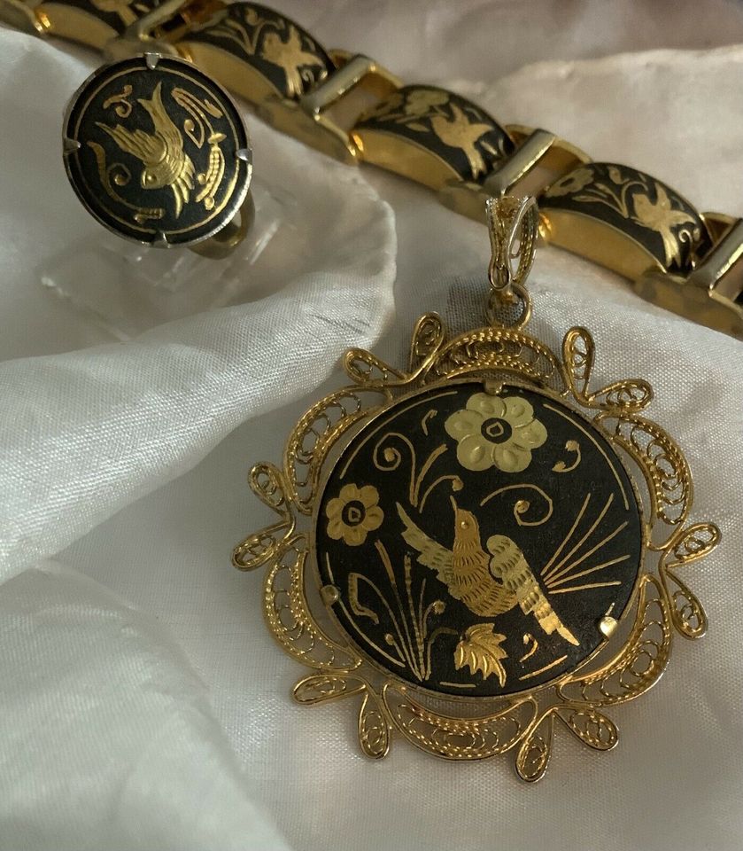vintage damasziertes Schmuck vogel Toledo Armband Ring Anhänger in Kiebitzreihe