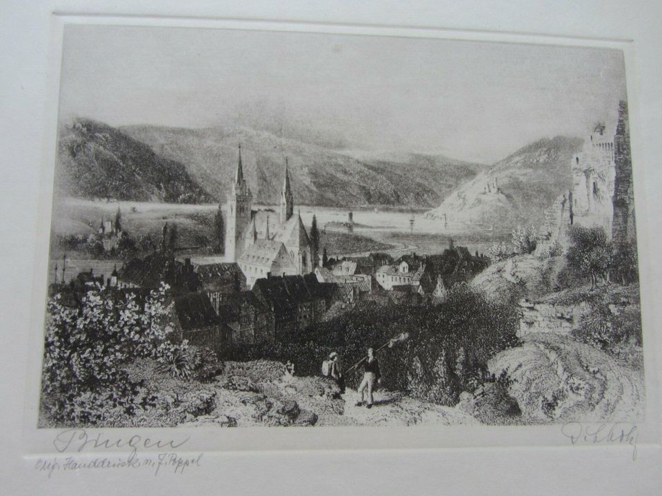 Gemälde Original Stahlstich Bingen am Rhein / Burg Klopp in Wöllstein