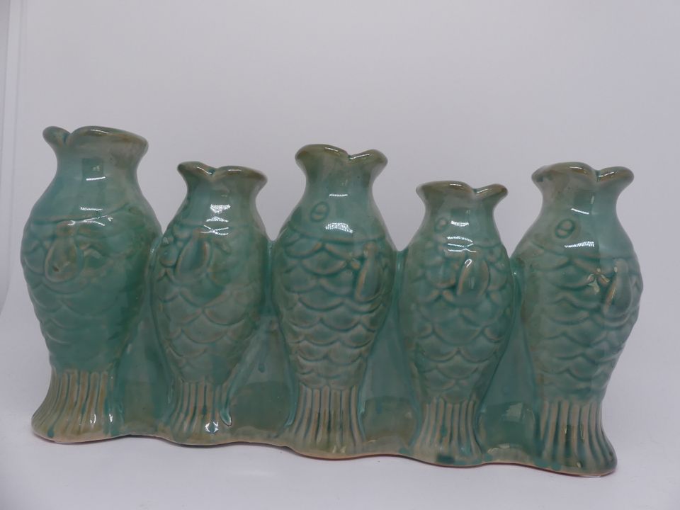 Fische Fisch Vase Grün / Blau lasiert Blumenvase Dekofigur Neu in Wiesbaden