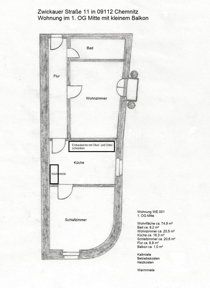 Attraktive 2-Zimmer-Wohnung, 75 m², bezugsfertig, mit Einbauküche in Chemnitz