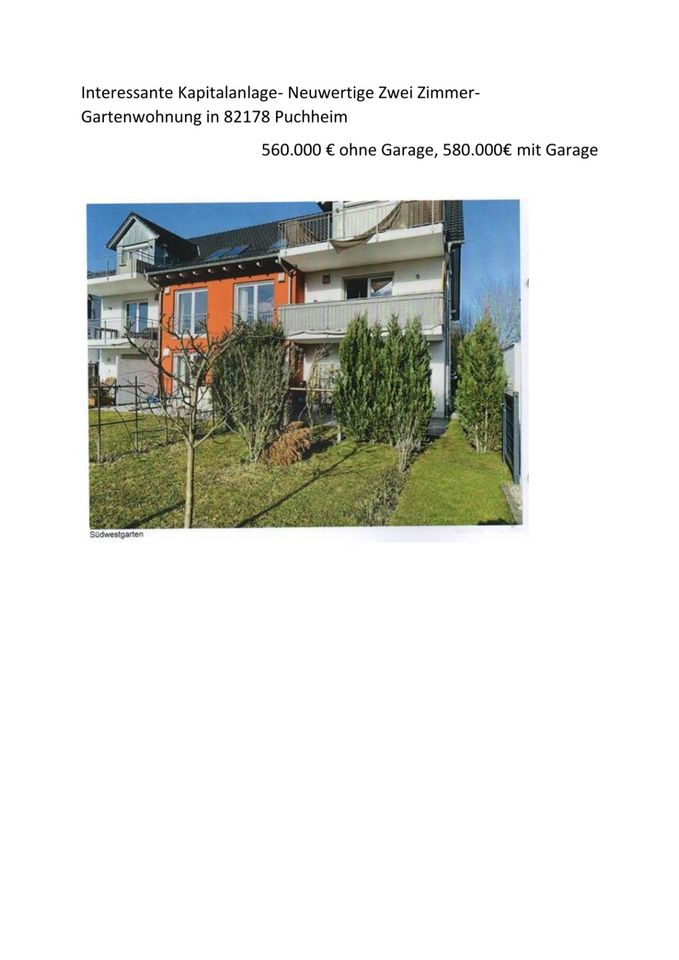 Interessante Kapitalanlage- Neuwertige Zwei Zimmer-Gartenwohnung in Puchheim