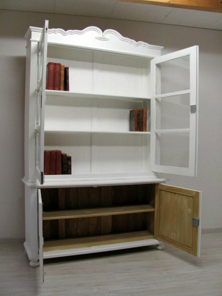 große Aufsatzvitrine-Bücherschrank in Weichholz massiv in weiss,, in Centrum