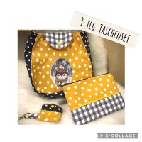 Taschenset mit Winterkatze, senfgelb, grau, Punkte, HANDMADE Baden-Württemberg - Königheim Vorschau