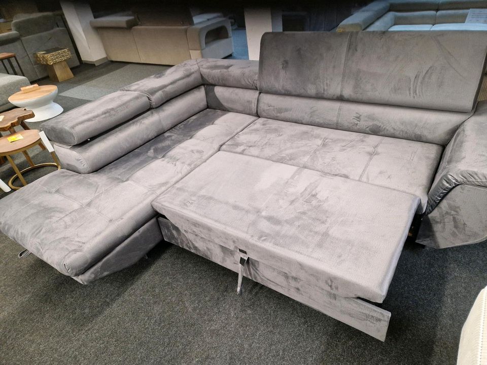 Sofa Wohnlandschaft Ecksofa Samt Grau mit Schlaffunktion und Bettkasten Möbel Wurm in Osnabrück