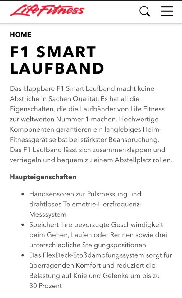 LifeFitness Laufband F1 foldable gebraucht in Glienicke/Nordbahn