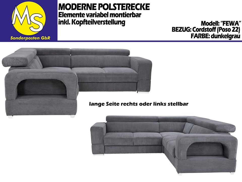 Sofa Couch Wohnlandschaft L Form Cordstoff dunkelgrau in Mettingen