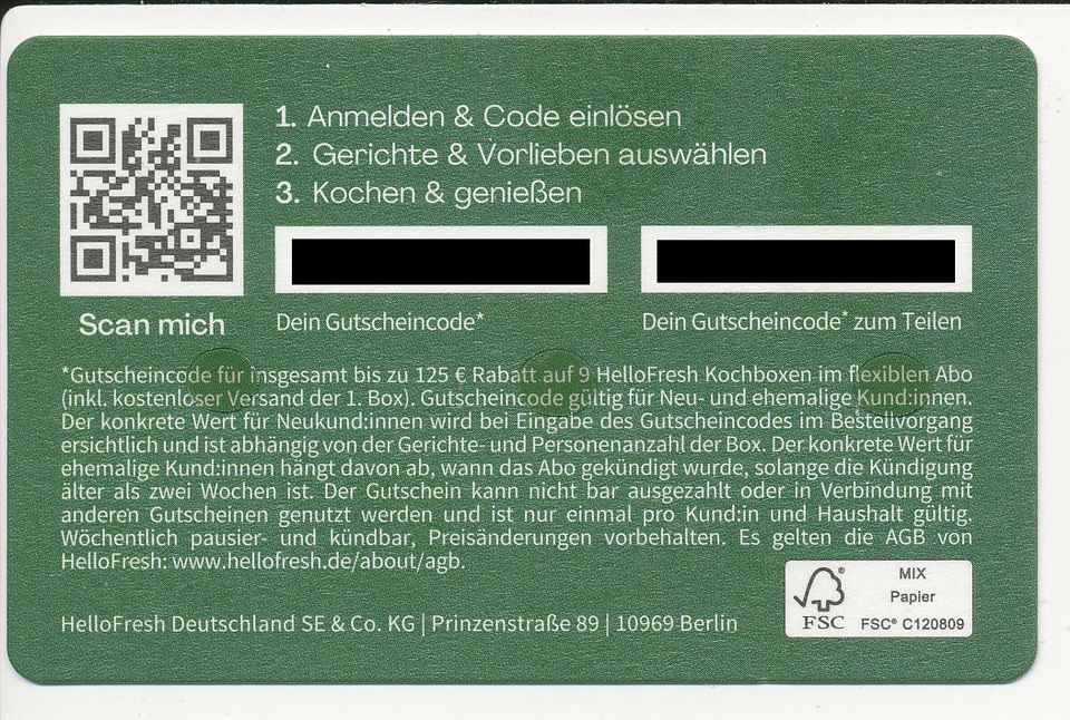 8x 125,- € Gutschein HELLO FRESH - Je 9 Kochboxen = 200 Portionen in Michelau i. OFr.