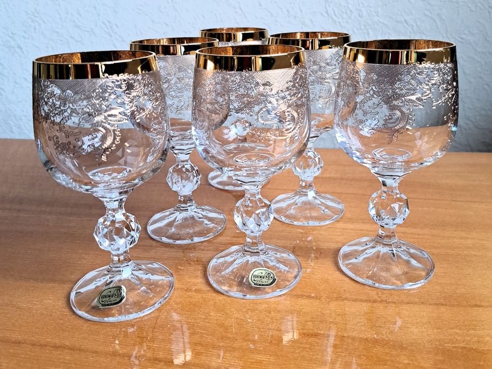 6 Bohemia Crystal Wein Gläser mit Goldrand / Dekor Vintage in Rochlitz