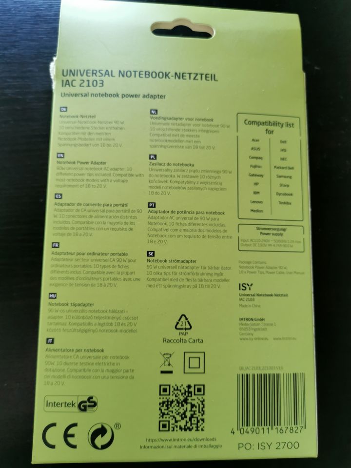 ISY IAC-2103 Notebook-Netzteil Universal, 19 Volt, Schwarz in Paderborn