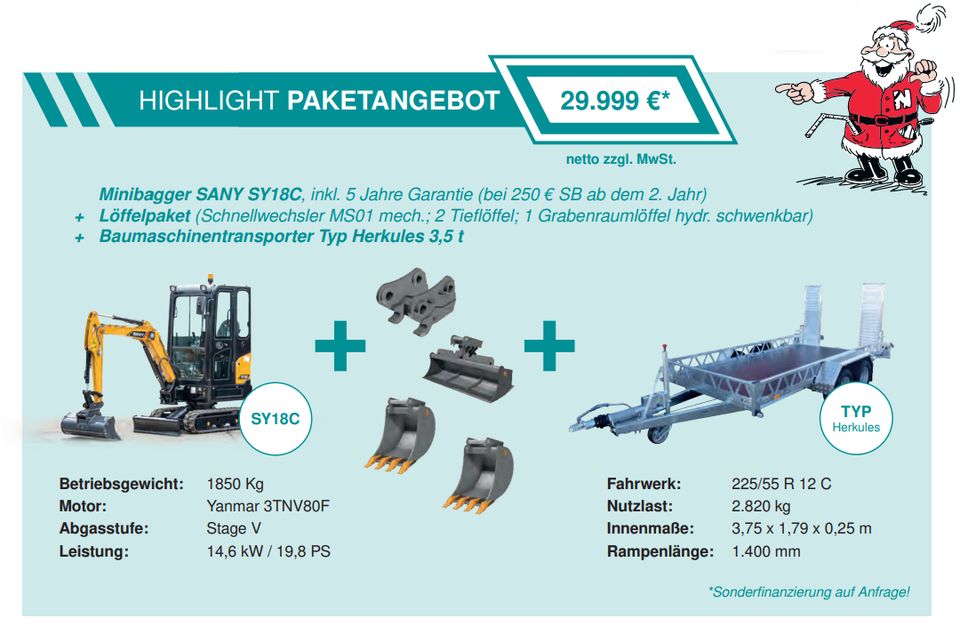 Aktionspaket Minibagger Sany SY 18 mit Baumaschinen-Anhänger in Gomaringen