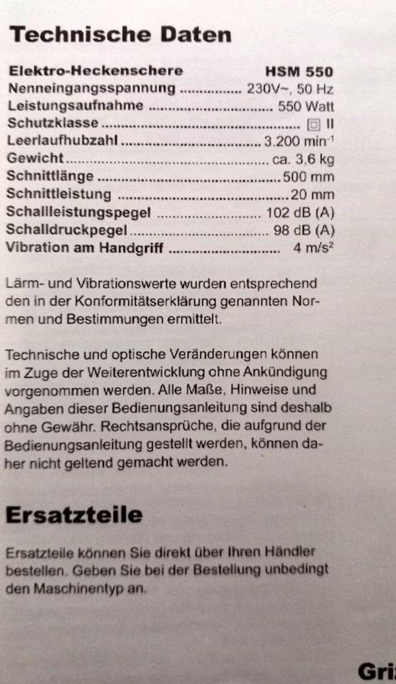Elektro Heckenschere Grizzly HSM 550 - Griffschalter defekt in Holzkirchen