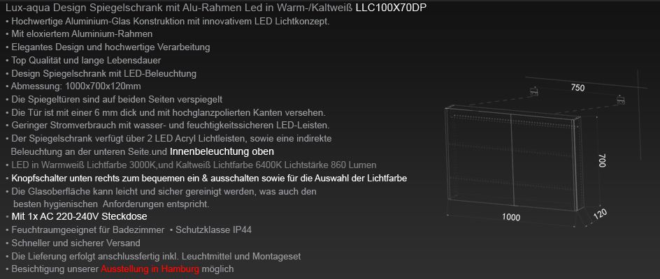 Lagerausverkauf ! Aluminium LED Badezimmer Spiegelschrank 100x70 in Hamburg