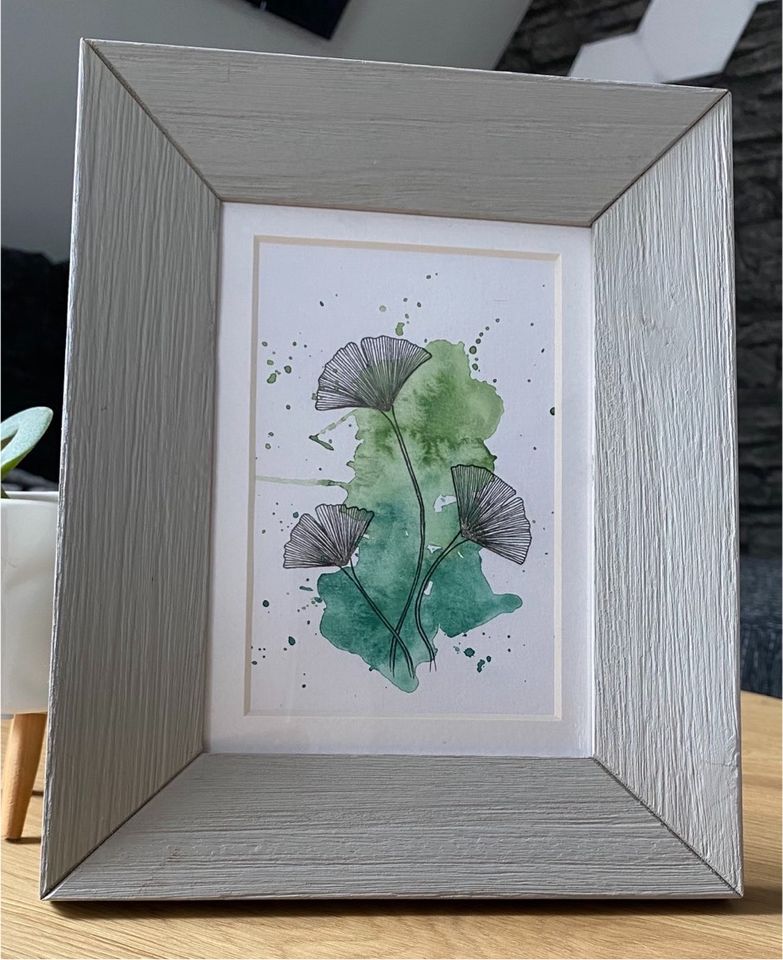 Selbstgemaltes Aquarell, Fineliner Bild Pflanze Ginkgobaum in Schinkel