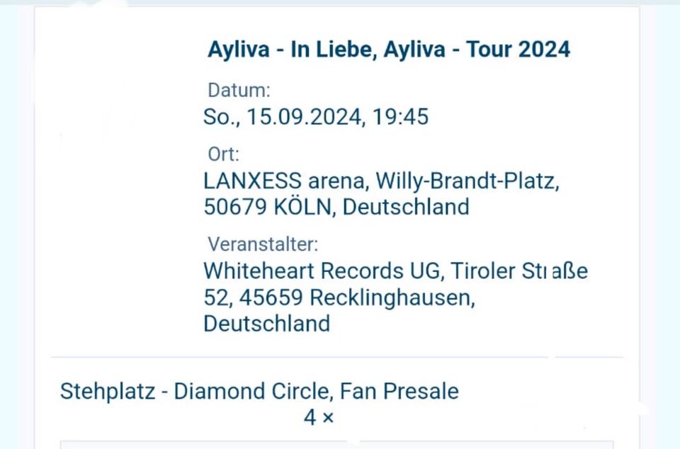 2x Ayliva Köln Diamond Circle Tickets So. 15.09.24 in München