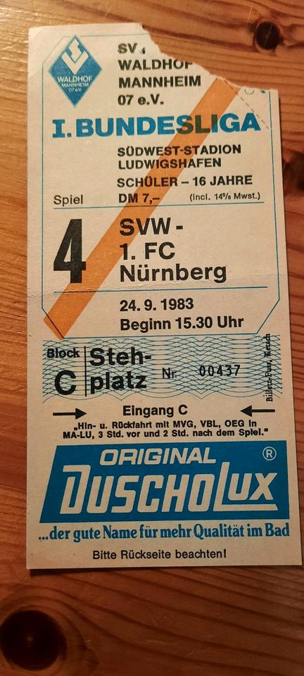 Waldhof Mannheim - 1.FC Nürnberg altes Ticket vom 24.09.1983 in Ludwigshafen