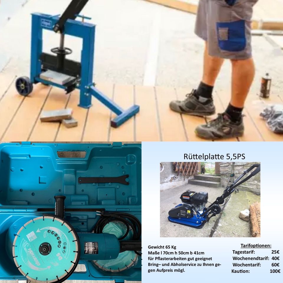 Vermietung alles zum Pflastern Rüttelplatte Winkelschleifer in Südharz