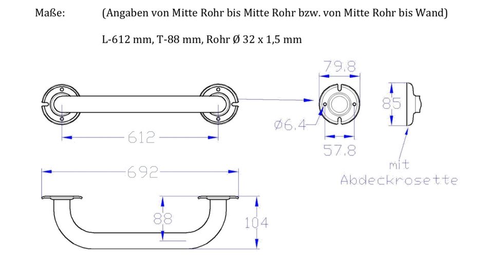 Sicherheitsgriff / Haltestange L=612 mm, für barrierefreie Bäder in Augsburg