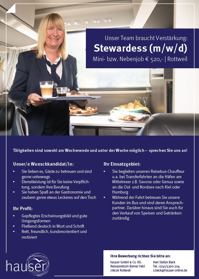 Stewardess (m/w/d) Mini- bzw. Nebenjob € 520,- in Rottweil