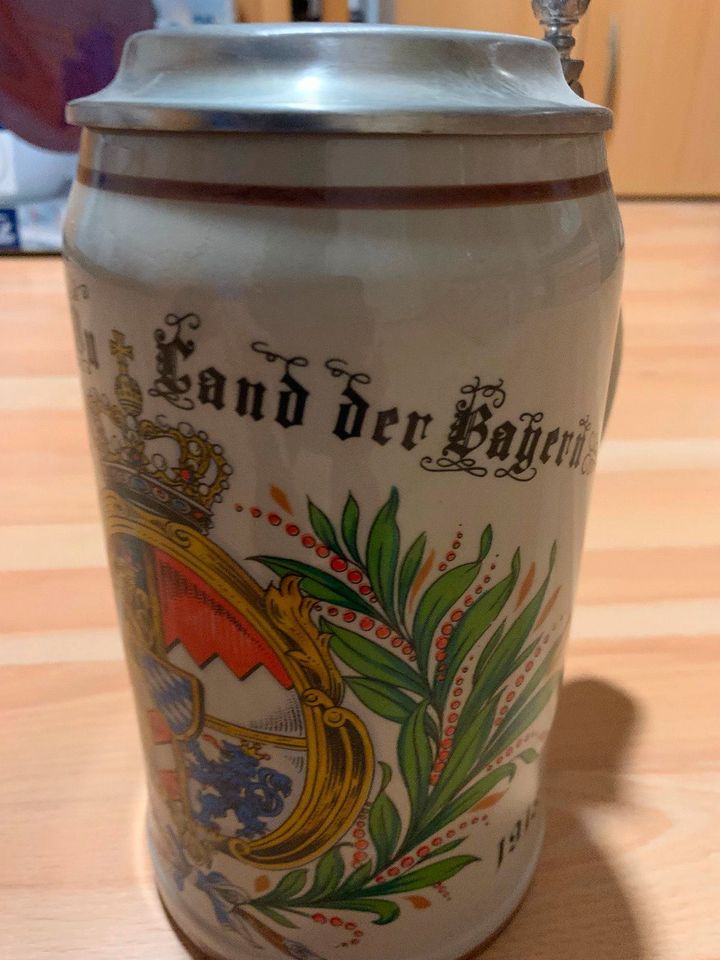 Bier-, Maßkrug mit Zinndeckel, "Gott mit Dir Du Land der Bayern" in Heroldsberg