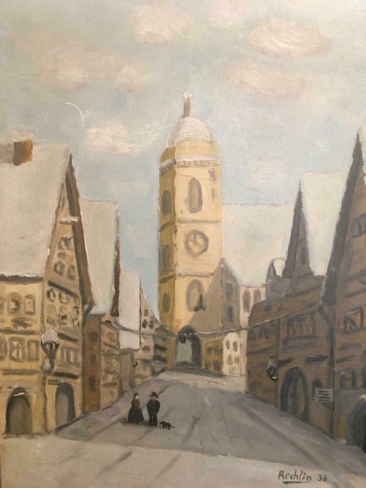 ÖLGEMÄLDE KLEINSTADTIDYLLE  IM WINTERSCHNEE 1936  KIRCHE TURM NUR in Hamburg