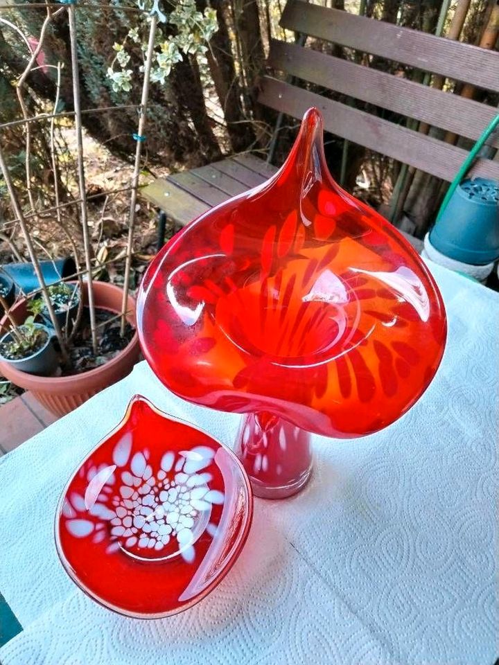 Vase Schale Set Design Glas Rot Handarbeit Lauscha Murano in Bad König