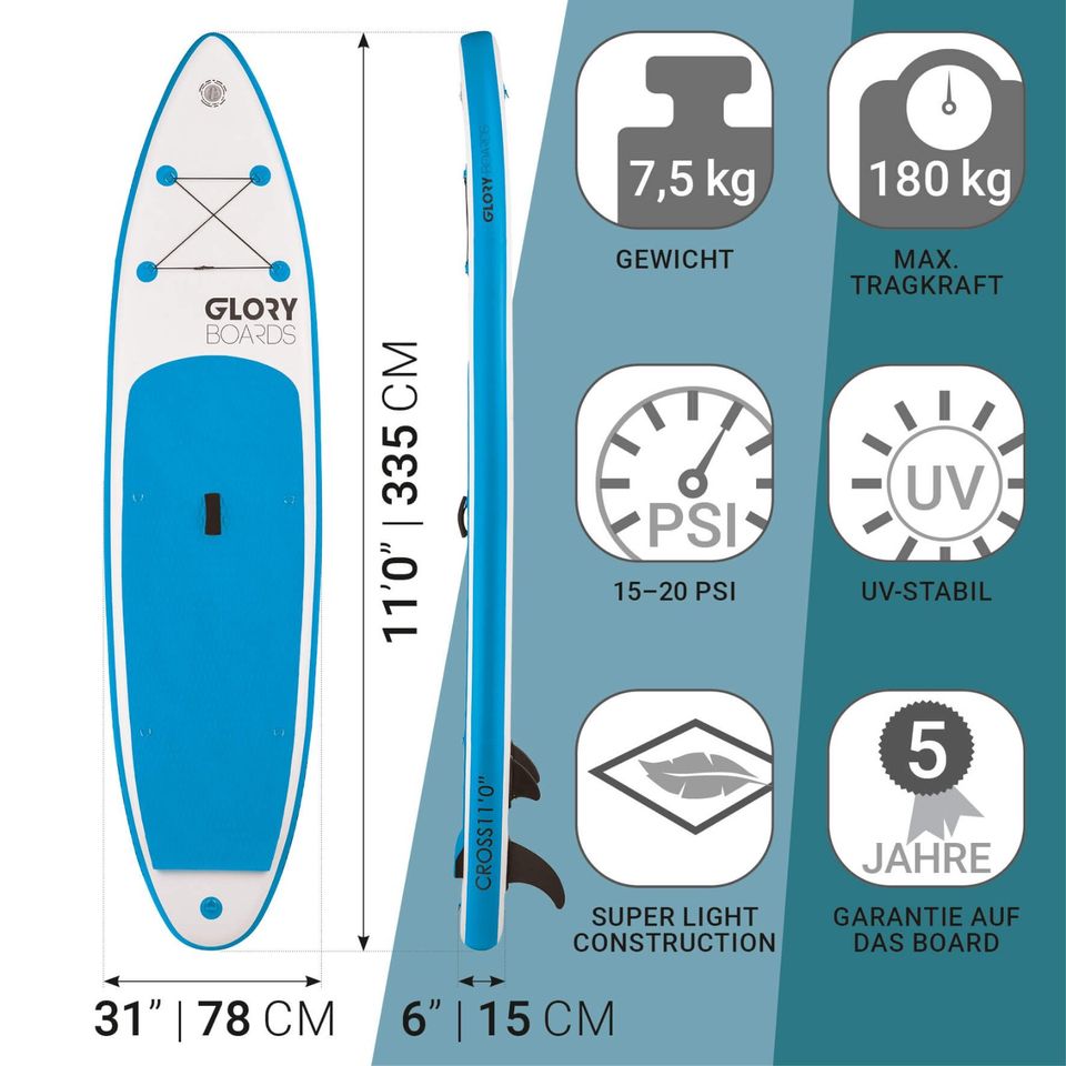 GloryBoards Cross 11' blau - Allround Stand Up Paddle - NEU in Limburg