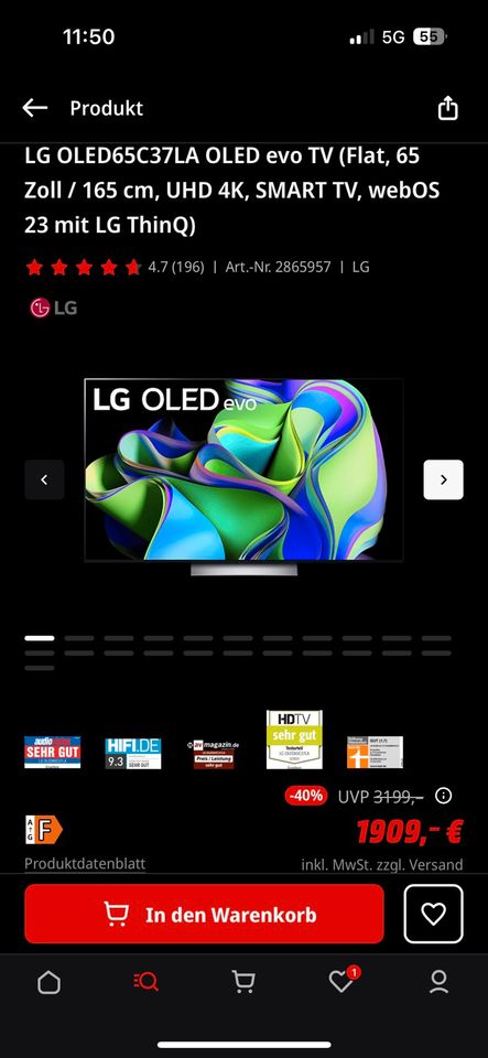 LG OLED65C37LA OLED evo 65 Zoll / 165 cm, UHD 4K, SMART TV in Stade