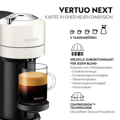 De'Longhi ENV120.W Vertuo Next Basic Nespresso-Kapselmaschine (1,1 Liter Wassertank, automatische Zubereitung, weiß, 30 Sekunden Aufheizzeit, Karaffen-Kannen-Funktion, Wifi, Bluetooth) in Künzelsau