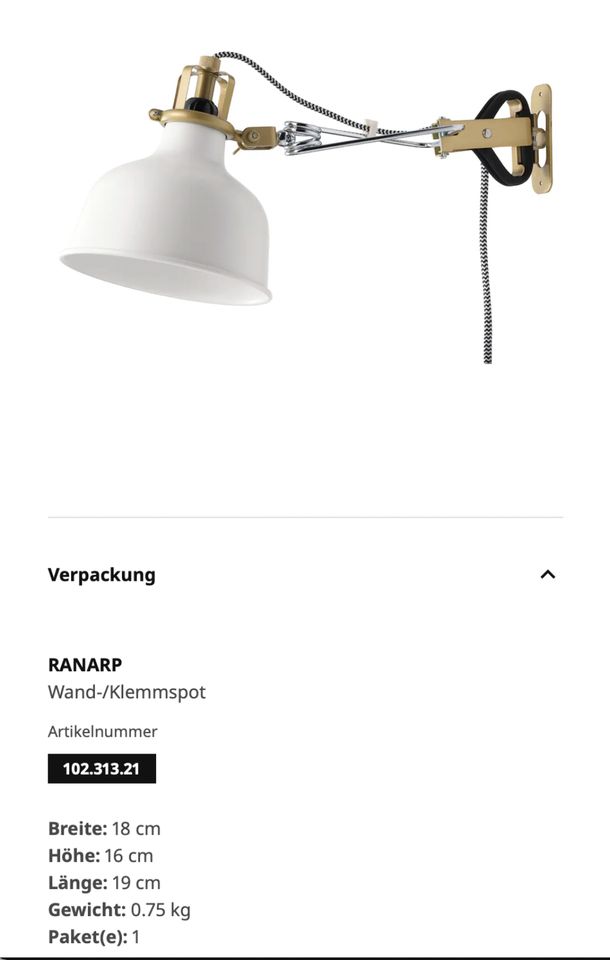 Wand-/Klemmspot, RANARP IKEA elfenbeinweiß in Bornheim
