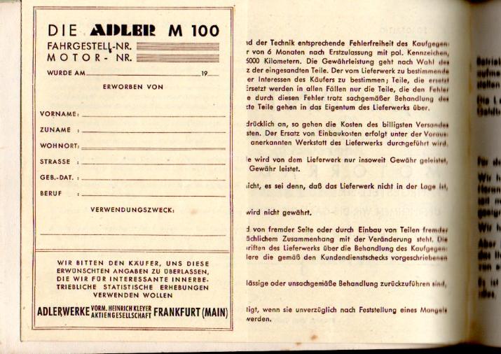 Adler M 100 Bedienungsanleitung Betriebs-Anleitung 1951 / 52 in Schopfheim