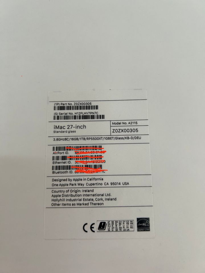 apple imac 27" retina 5k 2020 i7 3,8/16GB RAM/1tb ssd 8gb rp5500 in Aspisheim