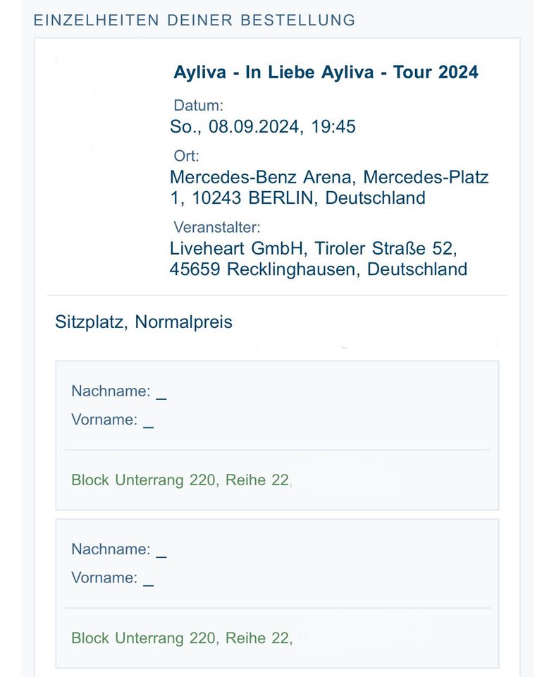 2x Ayliva Top Sitzplätze Unterrang 220 Reihe 22 Berlin So.8.09.24 in München
