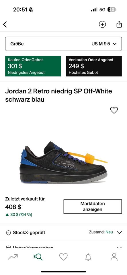 Jordan 2 Retro Low SP Off-White schwarz blau EUR 42.5 US 9 in Bannewitz