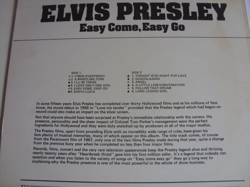 LP Vinyl Elvis Presley Easy Come Easy Go England 1970 er in Ingelheim am Rhein