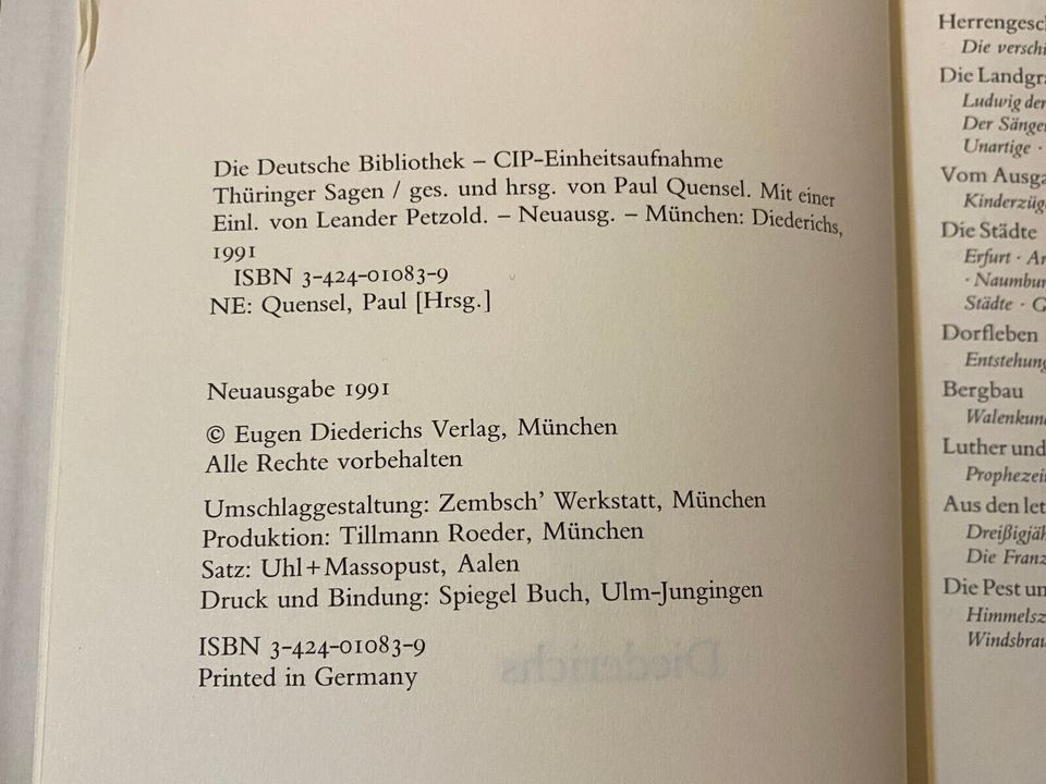 Thüringer Sagen /  Eugen Diederichs Verlag  / 1991 in Berlin