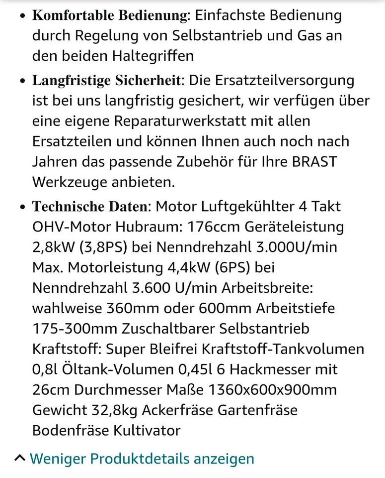 Benzin Motorhacke Gartenfräse 6 PS von Brast... in Neustadt