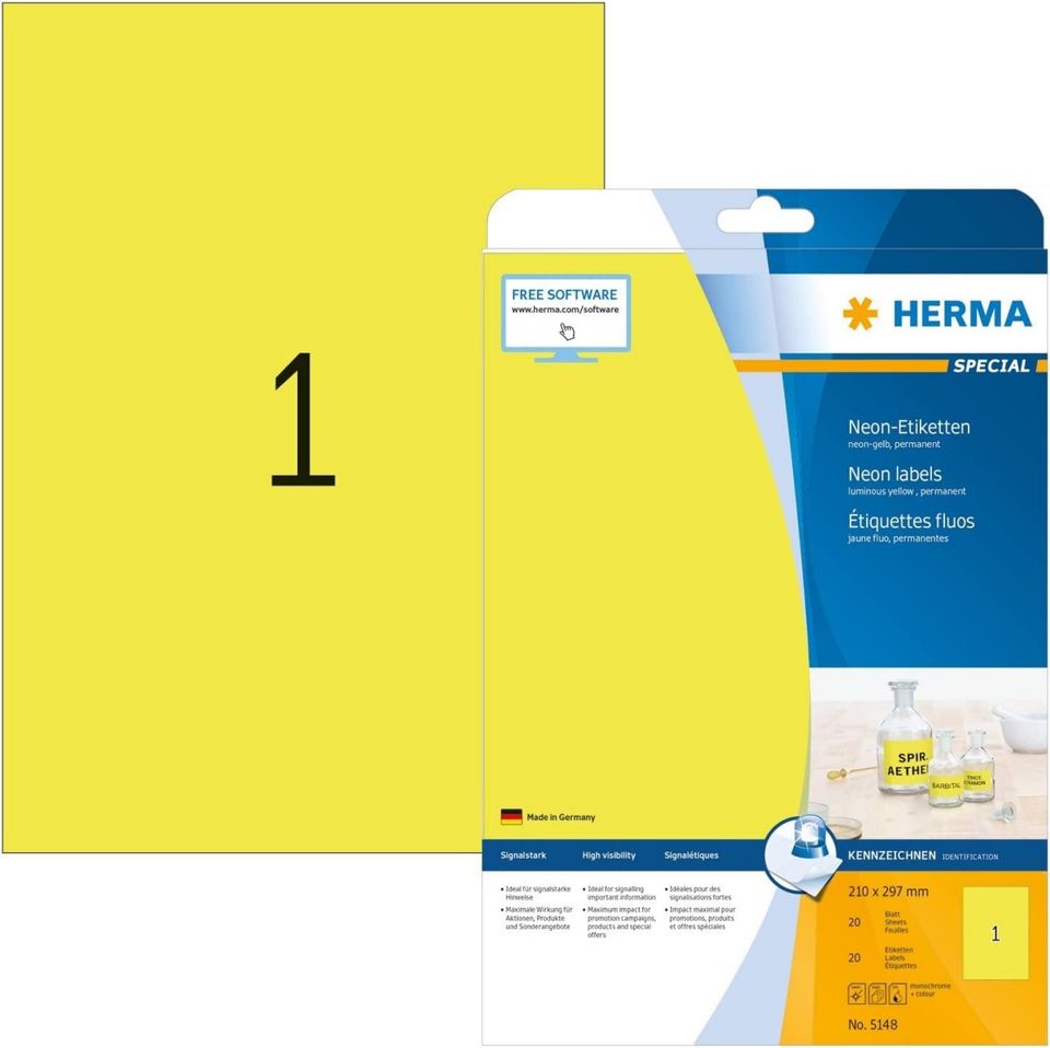 HERMA 5148 Farbige Etiketten neon gelb, 20 Blatt, 210 x 297 mm, 1 in Körle