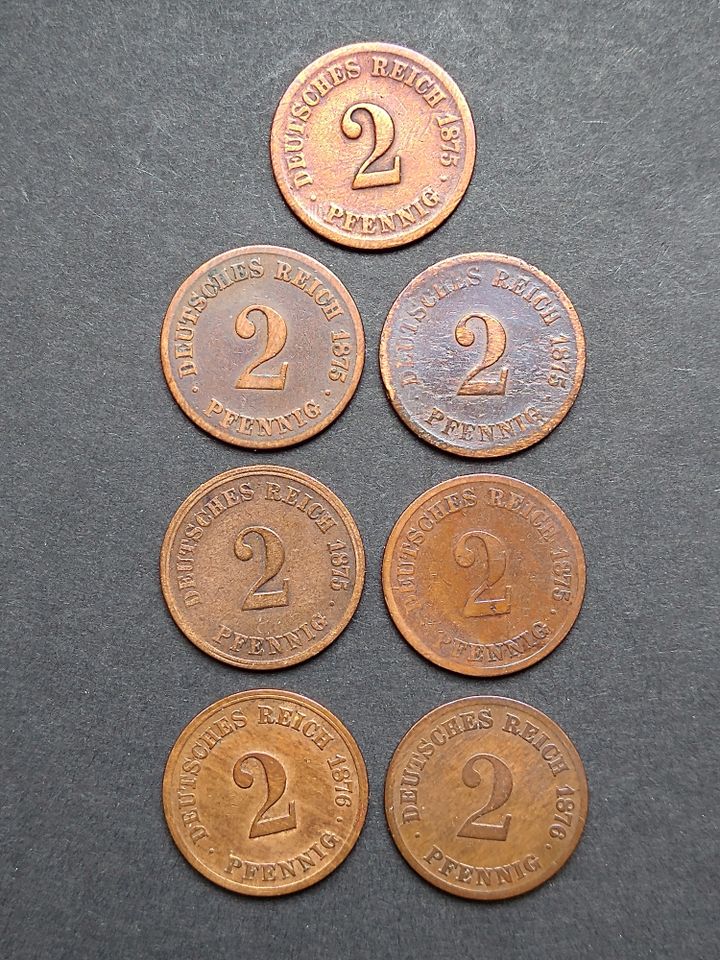 Lot Münzen, Kaiserreich 2 Pfennig 1875 C, E, F, G, J  & 1876 E, F in Rudolstadt