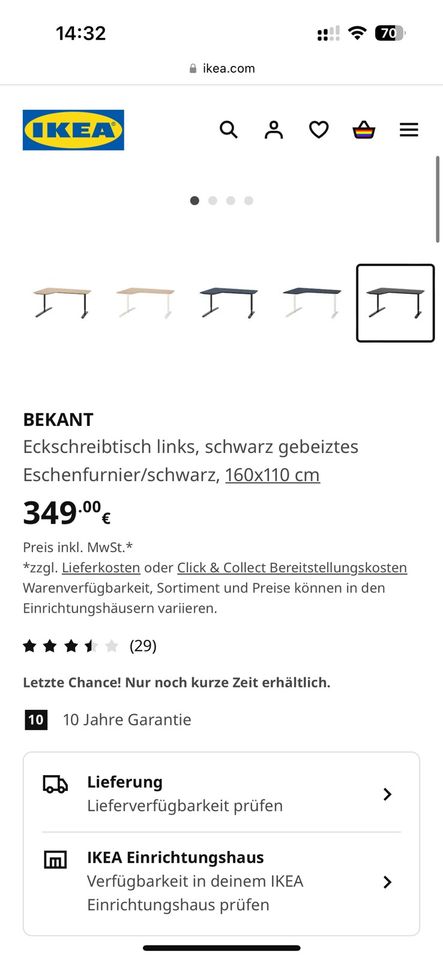 Eckschreibtisch links, schwarz 160x110 cm in Nürnberg (Mittelfr)