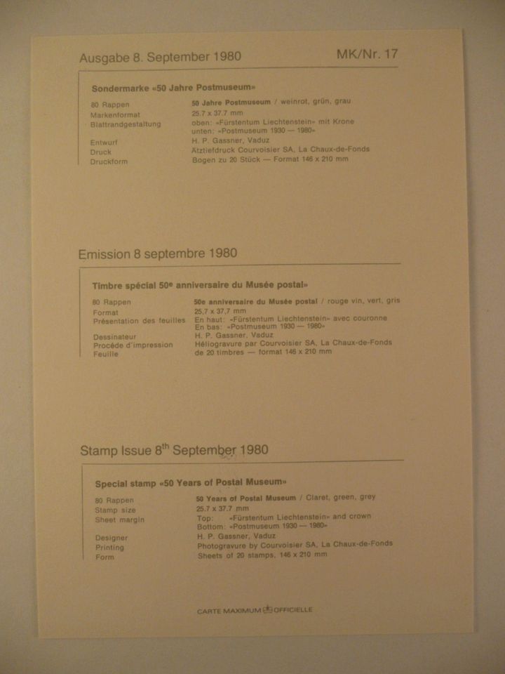 1 Liechtenstein Maximumkarte 1980, Nr. 17, 50 Jahre Postmuseum in Bamberg