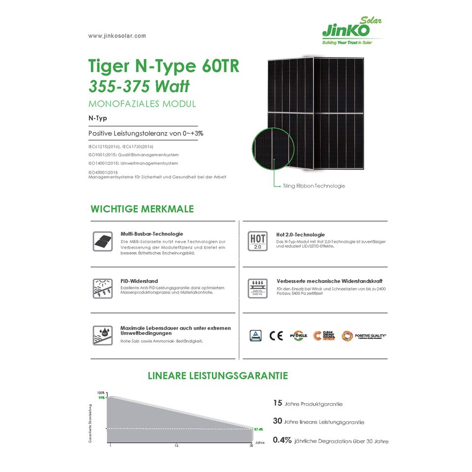 Solarpanel 375 Watt JINKO Solarmodul JKM375N-6TL3-V N-Type mono in Torgelow