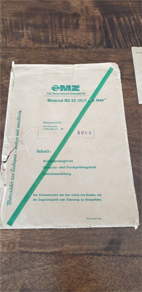 Original MZ ES 175 DDR Fahrzeug-brief Papiere Unterlagen SELTEN in Zuchau