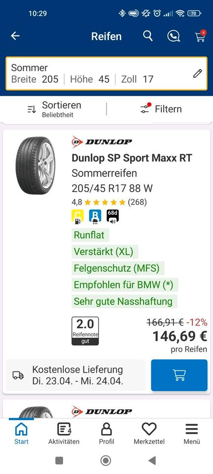 2x 205 45 R17 7mm Runflat Dunlop Sport Maxx Sommerreifen Mini BMW in Mainz