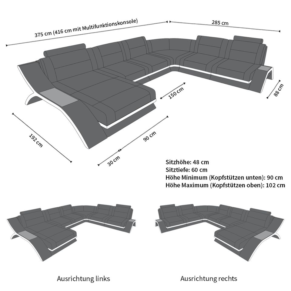 Polster Sofa Wohnlandschaft Calabria XXL mit LED und USB-Port in Berlin